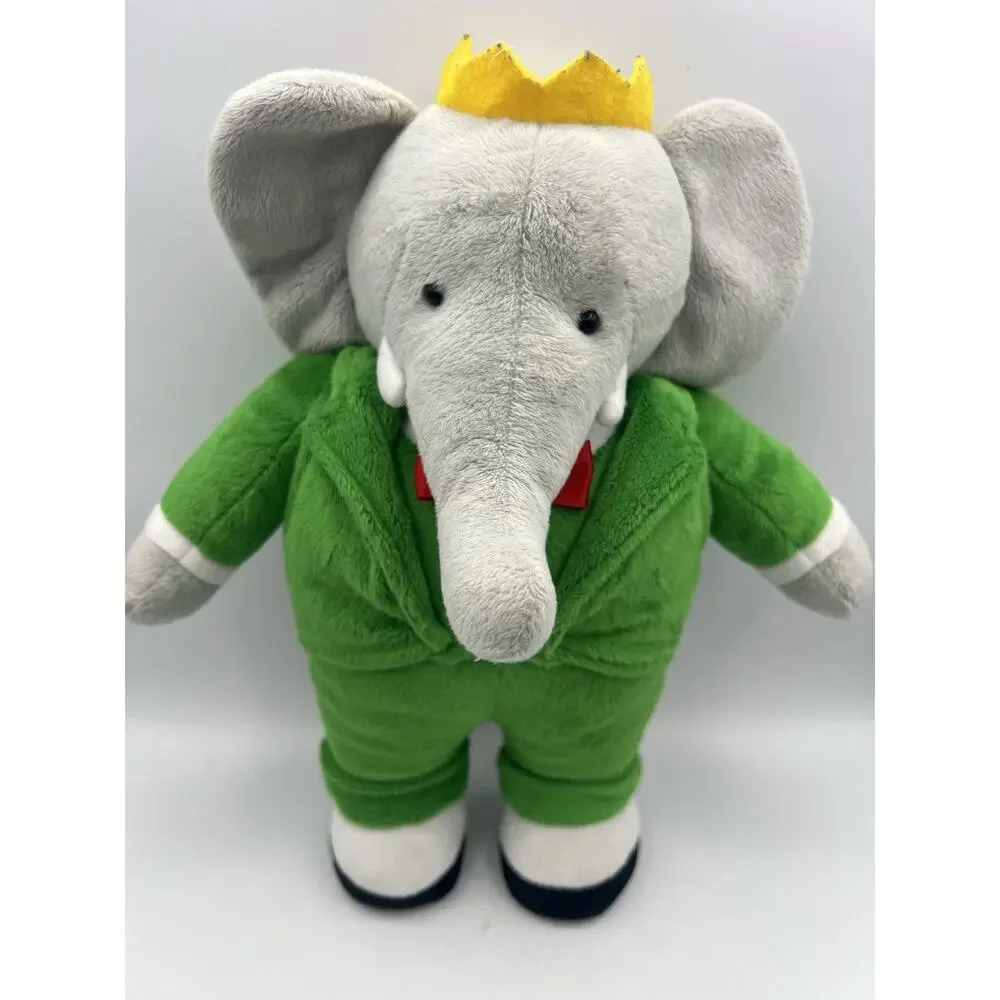 Vintage Babar Elephant Plush Doll Green Suit Crown Stuffed Animal Toy 14in